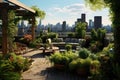 Beautiful terrace in the garden with a view of the city, A beautiful city rooftop garden with beautiful green plants, AI Generated