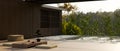Beautiful terrace in Japanese style exterior design with Japaneses coffee table set on tatami floor