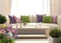 Beautiful terrace with sofa and flowers