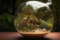 Beautiful terrarium with plants, tress and flowers inside