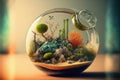 Beautiful terrarium with plants, tress and flowers inside