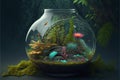 Beautiful terrarium with plants, tress and flowers inside