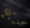 Beautiful text design of Eid Al Adha mubarak on dark background. Stars and moon decorated ornament background