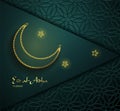 Beautiful text design of Eid Al Adha mubarak on dark background. Stars and moon decorated ornament background