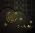 Beautiful text design of Eid Al Adha mubarak on dark background. Stars and moon decorated ornament background