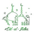 Beautiful text design of Eid Al Adha mubarak on white background with hand drawn mosque sketch with green light Royalty Free Stock Photo