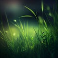 Beautiful texture green meadow grass with dew drops close up abstract blur natural bokeh background AI Generated Image Royalty Free Stock Photo