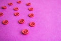 Beautiful texture with many round pink buttons for sewing, needlework. Copy space. Flat lay. Pink, purple background Royalty Free Stock Photo