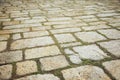 beautiful textured background of cobblestone pavement with grass Royalty Free Stock Photo