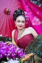 Beautiful Thai girl in traditional dress costume in Choeng Tha a Royalty Free Stock Photo