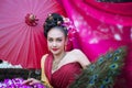 Beautiful Thai girl in traditional dress costume in Choeng Tha a Royalty Free Stock Photo