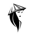 Asian woman in conical hat black and white vector portrait