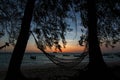 Beautiful Thailand travel island `Koh Lipe` peace sea sand beach with silhouette rope cradle pine tree and twilight morning sunris