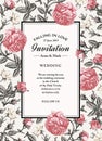 Wedding thanks and invitation. Beautiful realistic flowers Roses agrostemma card Frame Vector engraving victorian Illustration