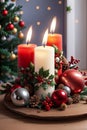 beautiful three Christmas candles and ornaments Royalty Free Stock Photo