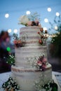 Beautiful three tiered wedding cake with rustic floral decoration. Outdoor night time event Royalty Free Stock Photo