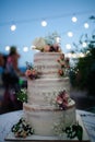 Beautiful three tiered wedding cake with rustic floral decoration. Outdoor night time event Royalty Free Stock Photo