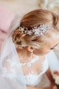 Beautiful tiara on nice bride`s head.