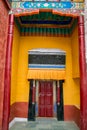 Beautiful tibet style door and window decorate at Thiksey monastery  Gompa  temple. India, Ladakh, Thiksey Monastery Royalty Free Stock Photo