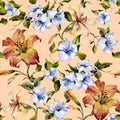 Beautiful tiger lilies and small blue flowers on twigs against beige background. Seamless floral pattern. Watercolor painting.