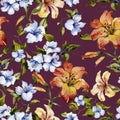 Beautiful tiger lilies and small blue flowers on twigs against cherry red background. Seamless floral pattern. Watercolor painting Royalty Free Stock Photo