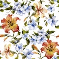 Beautiful tiger lilies and small blue flowers on twigs against white background. Seamless floral pattern. Watercolor painting.
