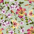 Beautiful tiger lilies and small purple flowers on twigs against light green background. Seamless floral pattern. Royalty Free Stock Photo