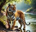 A beautiful tiger stands by a calm river in the sunlight, looking to the side. Royalty Free Stock Photo