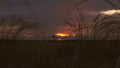 Beautiful timelapse of the setting sun over the field. far rain clouds and colorful sunset clouds in a blue sky over the
