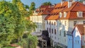 beautiful timelapse view of a street with old water mill in a canal in center of Prague Royalty Free Stock Photo