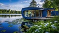 A beautiful tiny house in the middle of the lake in Sweden that looks like a blue orchid with beautiful modern curved interior