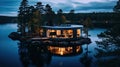 A beautiful tiny house in the middle of the lake in Sweden that looks like a blue orchid with beautiful modern curved interior