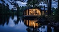 A beautiful tiny house in the middle of the lake in Sweden that looks like a blue orchid with beautiful modern curved interior