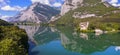 Beautiful Toblino lake is considered one of the most romantic lakes in the Trentino, Italy. aerial drone view with castle