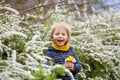 Beautiful toddler blond child, cute boy, lying in the grass in daisy and dandelions filed Royalty Free Stock Photo