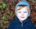 Beautiful toddler boy in blue coat on winter day Royalty Free Stock Photo