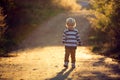 Beautiful toddler boy, walking on rural path on sunset, backlit Royalty Free Stock Photo