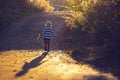 Beautiful toddler boy, walking on rural path on sunset, backlit Royalty Free Stock Photo