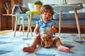 Beautiful toddler child girl holding jar of cookies sitting on the floor Royalty Free Stock Photo