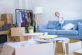 Beautiful toddler child girl jumping on the sofa Royalty Free Stock Photo