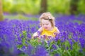 Beautiful toddler girl in bluebell flowers in spri Royalty Free Stock Photo