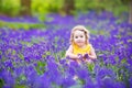 Beautiful toddler girl in bluebell flowers in spring Royalty Free Stock Photo