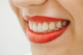 Laughing woman smile with great teeth. Close up portrait of beautiful young happy smiling woman, isolated over white Royalty Free Stock Photo