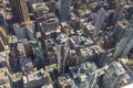 Beautiful top-down view of rooftops of skyscrapers in densely built-up Manhattan. New York,