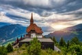 Beautiful top of Harder Kulm in Swiss Interlaken in summer sunset. Turquoise Lake Thun and Brienz in background. Stunning scenery