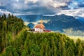 Beautiful top of Harder Kulm in Swiss Interlaken in summer sunset. Turquoise Lake Thun and Brienz in background. Stunning scenery