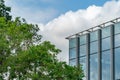 Beautiful top part of modern glass building with big tree aside, background of blue sky and clouds. Concept for corporate Royalty Free Stock Photo