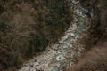 Beautiful top view of azure forest river flowing among rocks in Martvili canyon