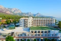 Beautiful top view of Fore Resort & Spa 5* hotel against backdrop of sea and mountains, Kemer, Turkey Royalty Free Stock Photo