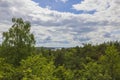 Beautiful top view of forest landscape panorama with large lake in background. Sweden. Royalty Free Stock Photo